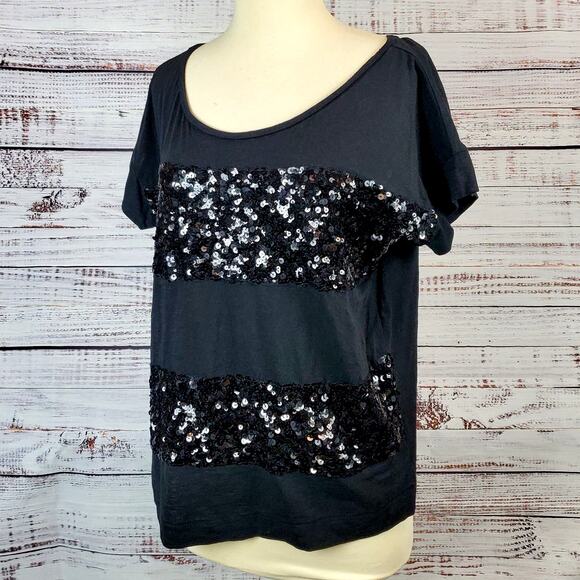 Loft Black Sequin Sparkle Holiday T Shirt M Shimmer Striped Chic Edgy Party Top - Picture 3 of 11